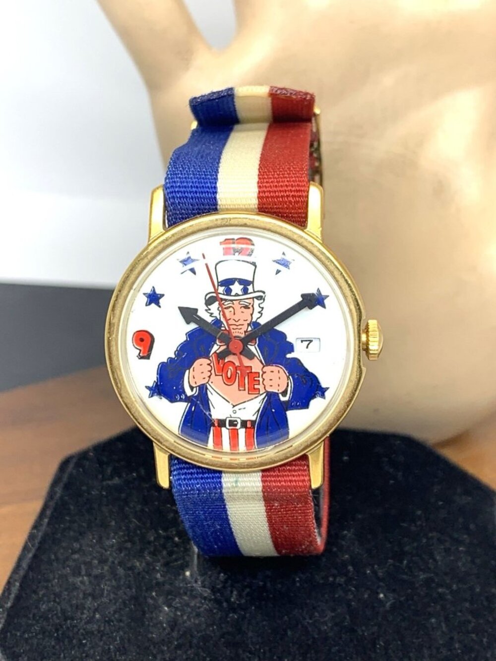 Uncle Sam Vote Men's Watch Vintage Hand Wind Red White Blue Nylon Strap 33mm